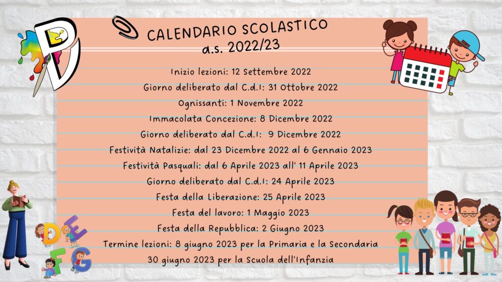CALENDARIO ATTIVITA’ SCOLASTICHE E FESTE A.S. 2022/2023